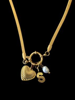Gold Tone Initial "S" Flat Snake Chain Multi Pendant Treasure Necklace 19.25"